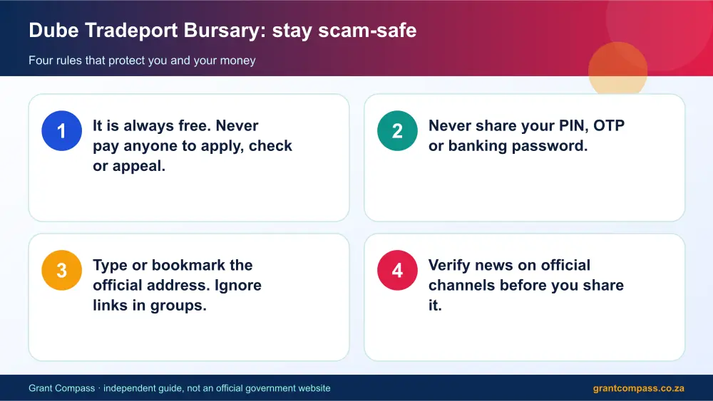 Dube Tradeport Bursary stay safe from scams infographic – dube tradeport bursary South Africa 2026