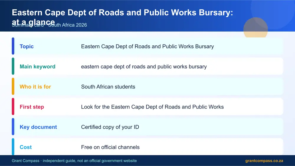 Eastern Cape Dept of Roads and Public Works Bursary at a glance summary infographic – eastern cape dept of roads and public works bursary South Africa 2026