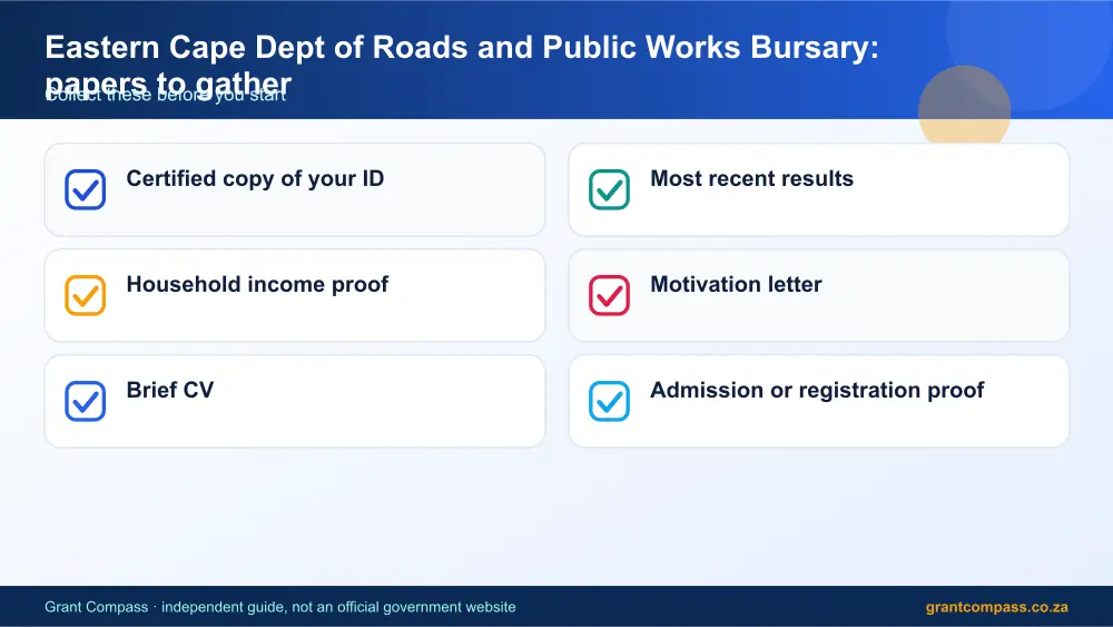 Eastern Cape Dept of Roads and Public Works Bursary required papers tick list infographic – eastern cape dept of roads and public works bursary South Africa 2026