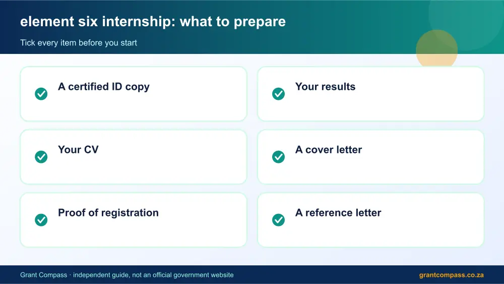 element six internship documents checklist infographic – element six internship South Africa 2026