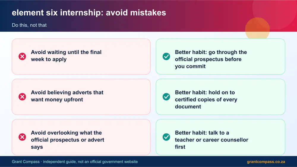 element six internship mistakes to avoid and tips infographic – element six internship South Africa 2026