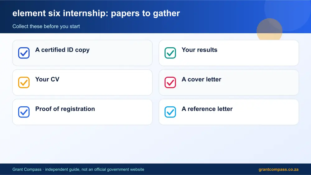 element six internship required papers tick list infographic – element six internship South Africa 2026