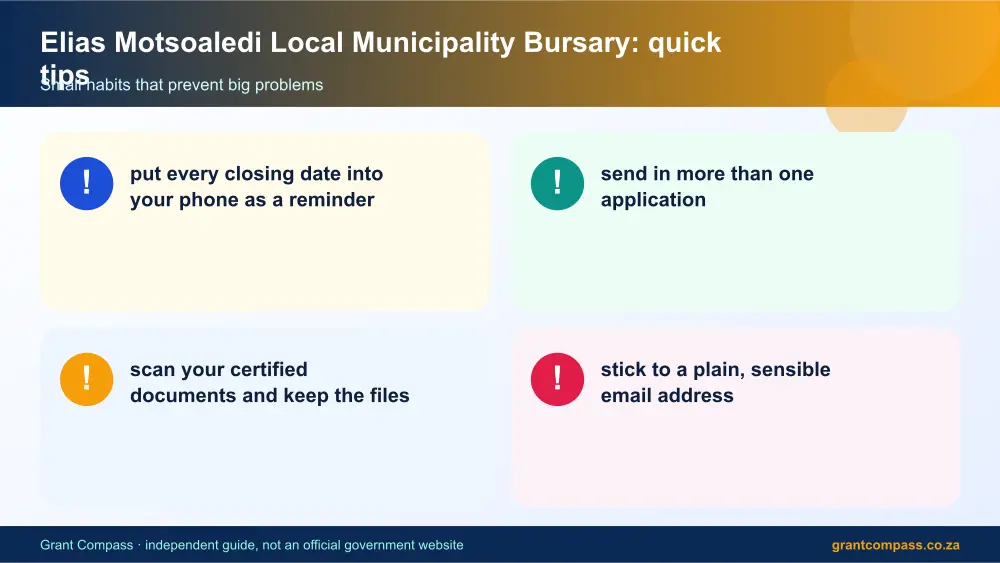 Elias Motsoaledi Local Municipality Bursary quick tips cards infographic – elias motsoaledi bursary South Africa 2026
