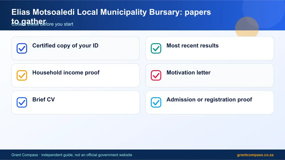 Elias Motsoaledi Local Municipality Bursary required papers tick list infographic – elias motsoaledi bursary South Africa 2026