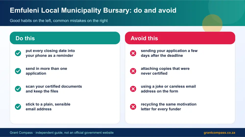 Emfuleni Local Municipality Bursary dos and donts infographic – emfuleni local municipality bursary South Africa 2026