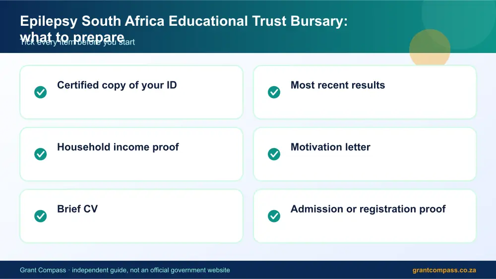 Epilepsy South Africa Educational Trust Bursary documents checklist infographic – epilepsy educational trust bursary South Africa 2026