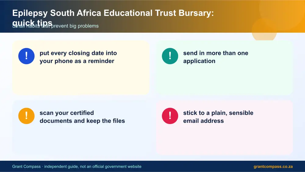 Epilepsy South Africa Educational Trust Bursary quick tips cards infographic – epilepsy educational trust bursary South Africa 2026
