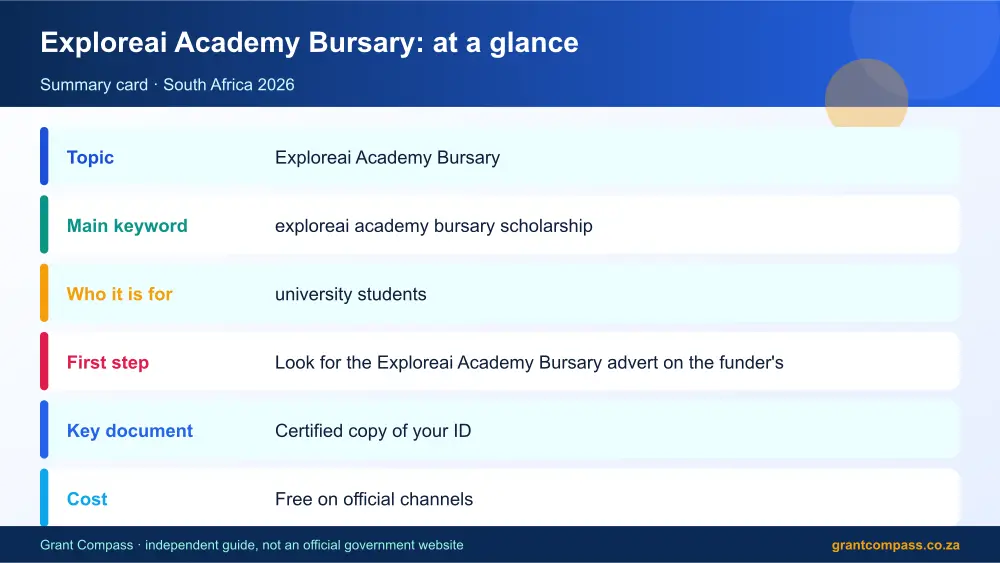 Exploreai Academy Bursary at a glance summary infographic – exploreai academy bursary scholarship South Africa 2026