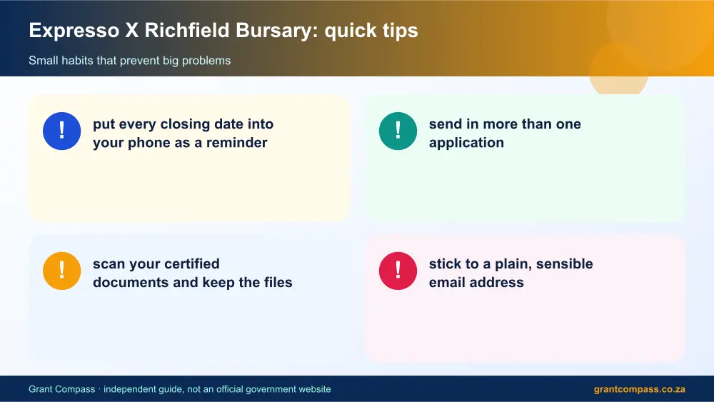 Expresso X Richfield Bursary quick tips cards infographic – richfield bursary South Africa 2026