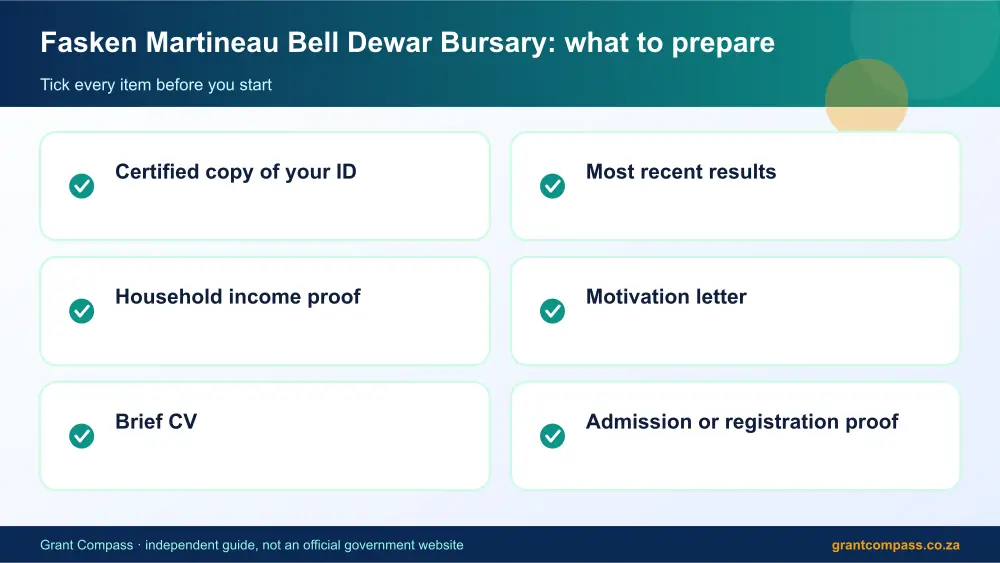 Fasken Martineau Bell Dewar Bursary documents checklist infographic – fasken martineau bell dewar bursary South Africa 2026
