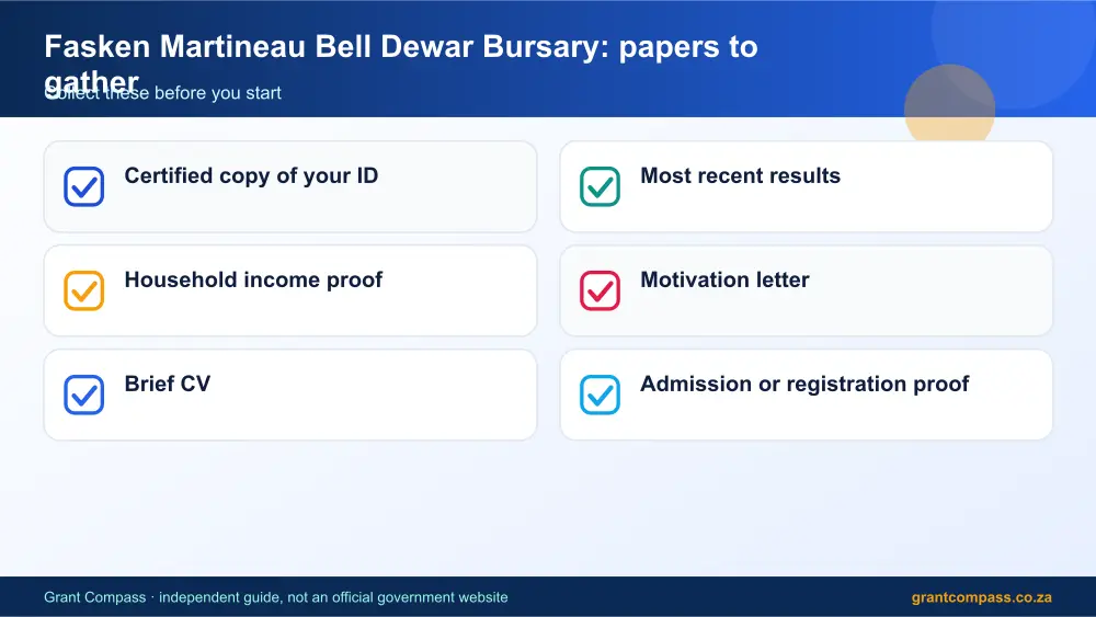 Fasken Martineau Bell Dewar Bursary required papers tick list infographic – fasken martineau bell dewar bursary South Africa 2026