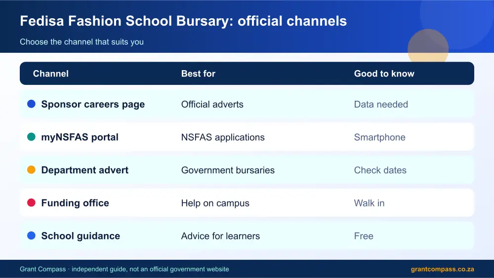 Fedisa Fashion School Bursary official channels comparison infographic – fedisa fashion school bursary South Africa 2026