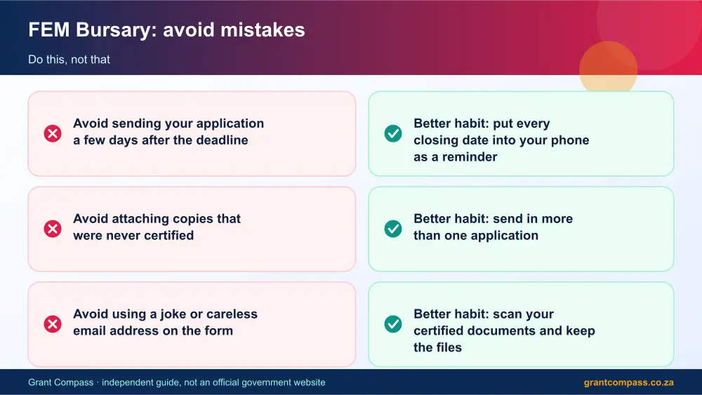 FEM Bursary mistakes to avoid and tips infographic – fem bursary South Africa 2026