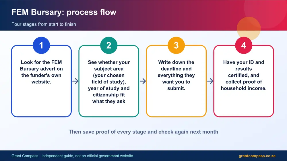 FEM Bursary process flow chart infographic – fem bursary South Africa 2026