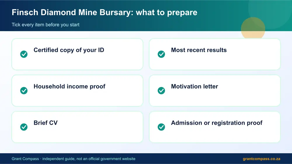Finsch Diamond Mine Bursary documents checklist infographic – finsch diamond mine bursary South Africa 2026