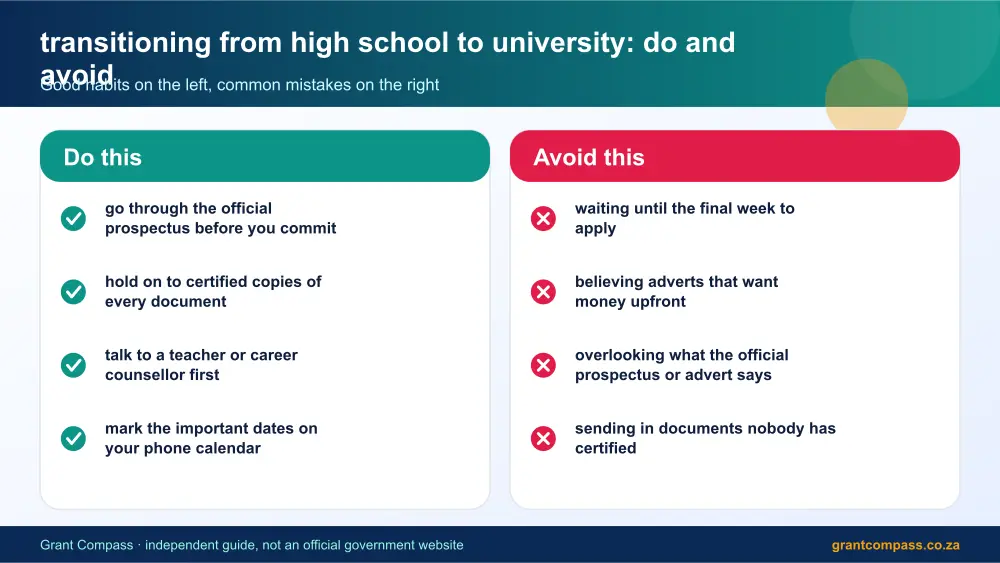 transitioning from high school to university dos and donts infographic – transitioning from high school to university South Africa 2026