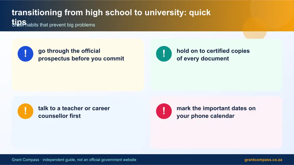 transitioning from high school to university quick tips cards infographic – transitioning from high school to university South Africa 2026