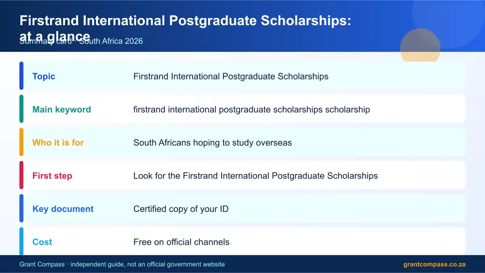 Firstrand International Postgraduate Scholarships at a glance summary infographic – firstrand international postgraduate scholarships scholarship South Africa 2026