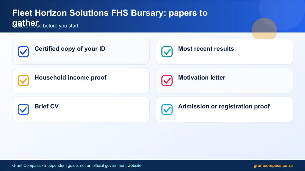 Fleet Horizon Solutions FHS Bursary required papers tick list infographic – fleet horizon solutions bursary South Africa 2026