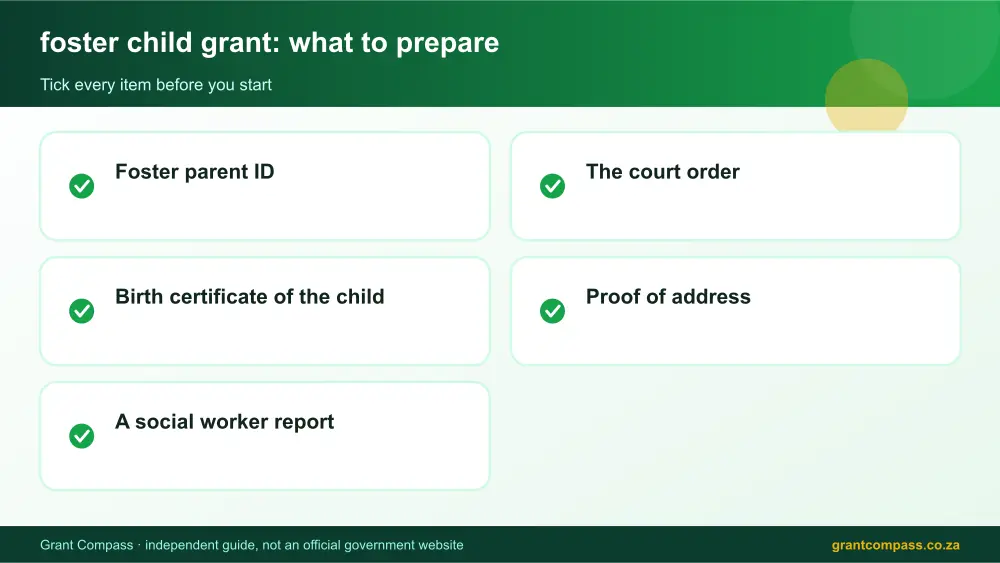 foster child grant documents checklist infographic – foster child grant South Africa 2026