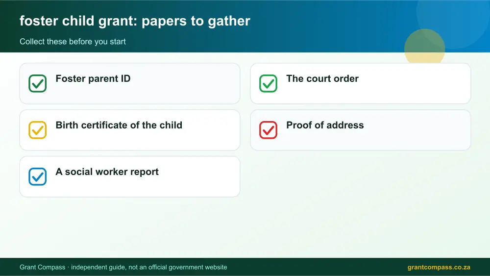 foster child grant required papers tick list infographic – foster child grant South Africa 2026