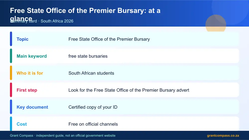 Free State Office of the Premier Bursary at a glance summary infographic – free state bursaries South Africa 2026
