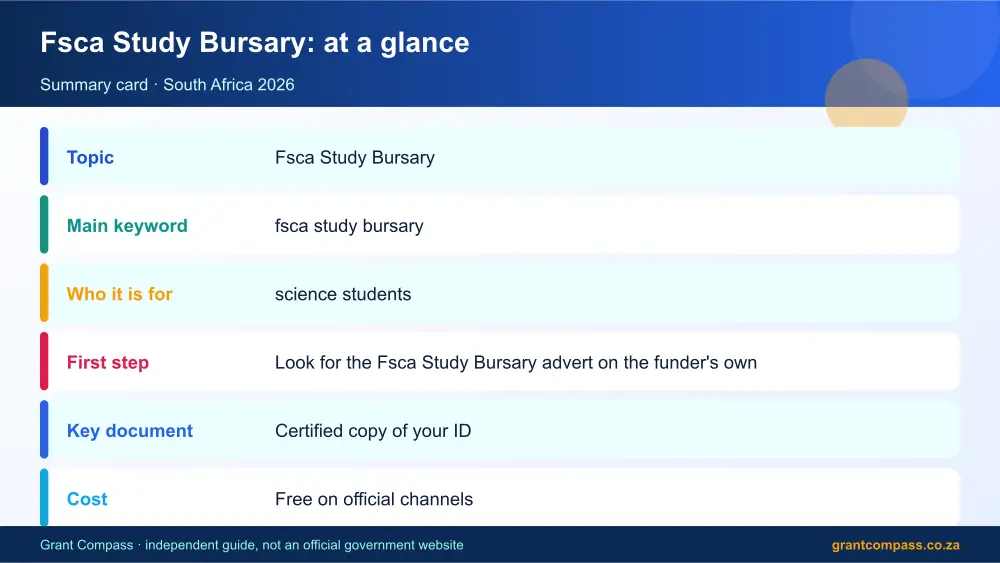 Fsca Study Bursary at a glance summary infographic – fsca study bursary South Africa 2026