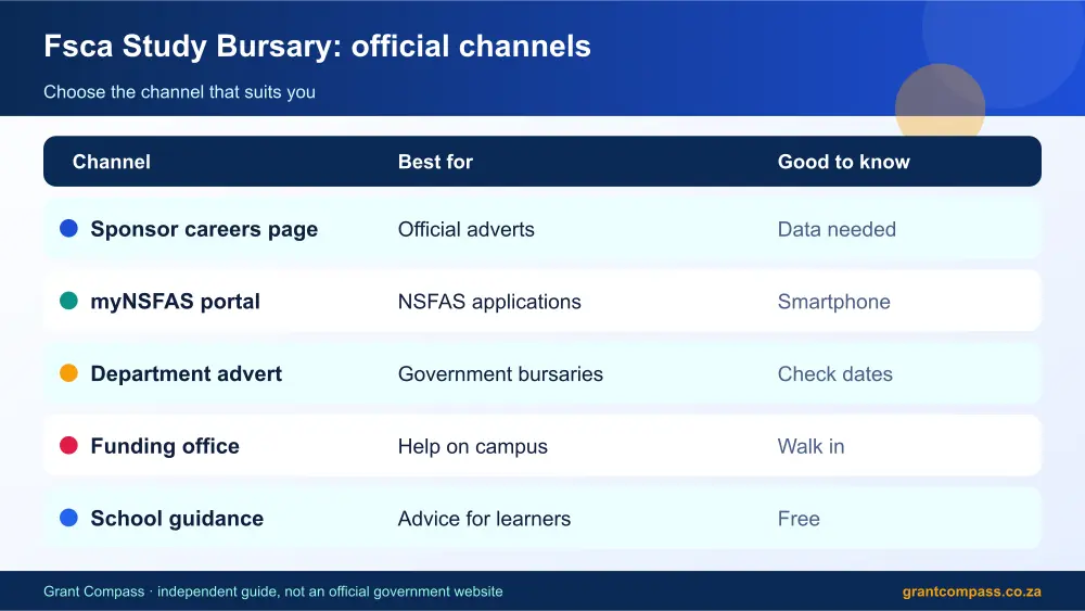 Fsca Study Bursary official channels comparison infographic – fsca study bursary South Africa 2026