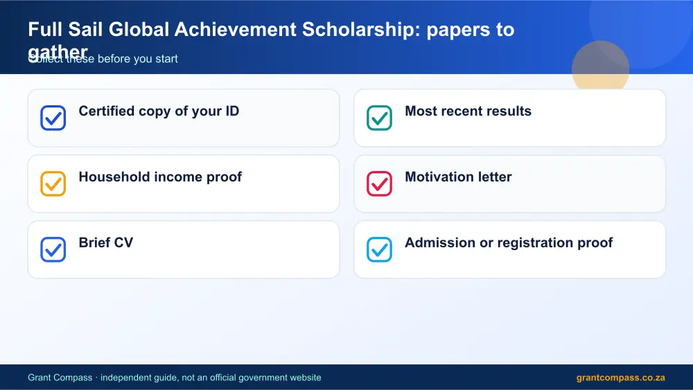 Full Sail Global Achievement Scholarship required papers tick list infographic – full sail global achievement scholarship South Africa 2026