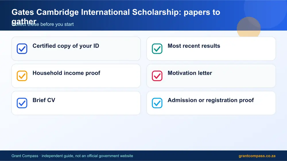 Gates Cambridge International Scholarship required papers tick list infographic – gates cambridge international scholarship South Africa 2026