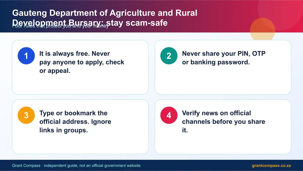 Gauteng Department of Agriculture and Rural Development Bursary stay safe from scams infographic – gauteng department of agriculture and rural development bursary South Africa 2026