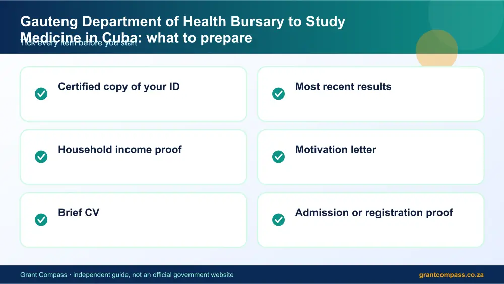 Gauteng Department of Health Bursary to Study Medicine in Cuba documents checklist infographic – gauteng department of health bursaries South Africa 2026
