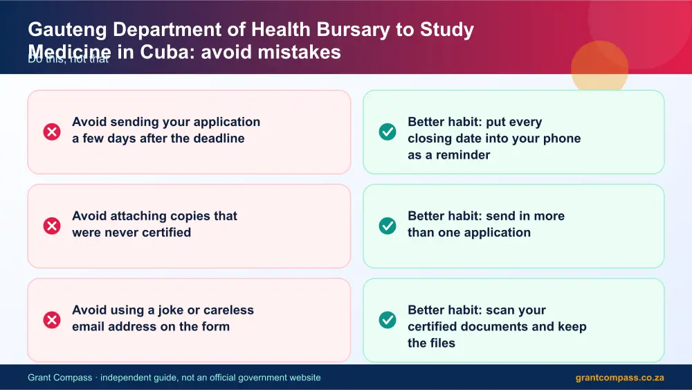 Gauteng Department of Health Bursary to Study Medicine in Cuba mistakes to avoid and tips infographic – gauteng department of health bursaries South Africa 2026