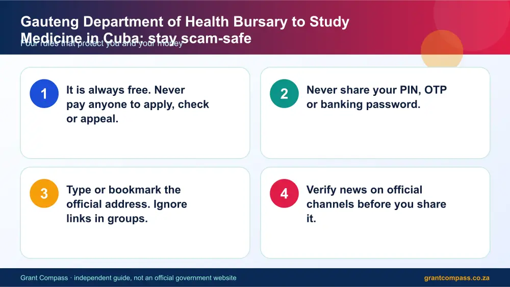 Gauteng Department of Health Bursary to Study Medicine in Cuba stay safe from scams infographic – gauteng department of health bursaries South Africa 2026