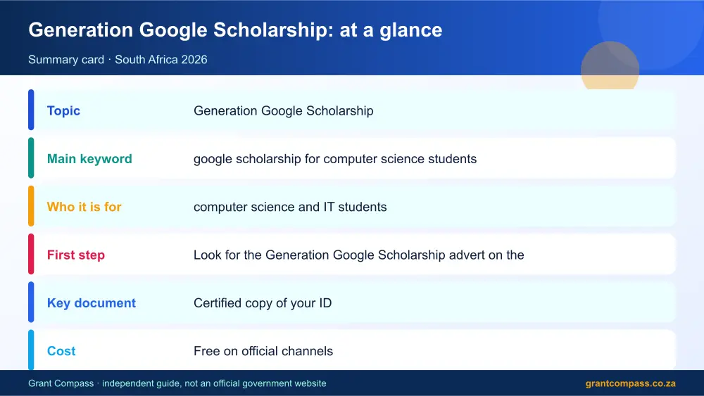 Generation Google Scholarship at a glance summary infographic – google scholarship for computer science students South Africa 2026
