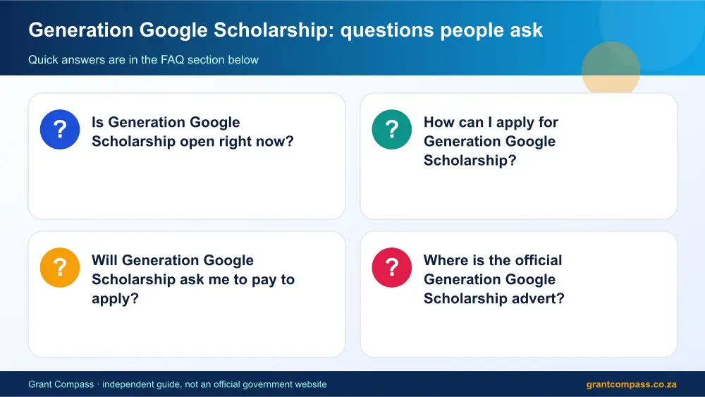 Generation Google Scholarship common questions answered infographic – google scholarship for computer science students South Africa 2026