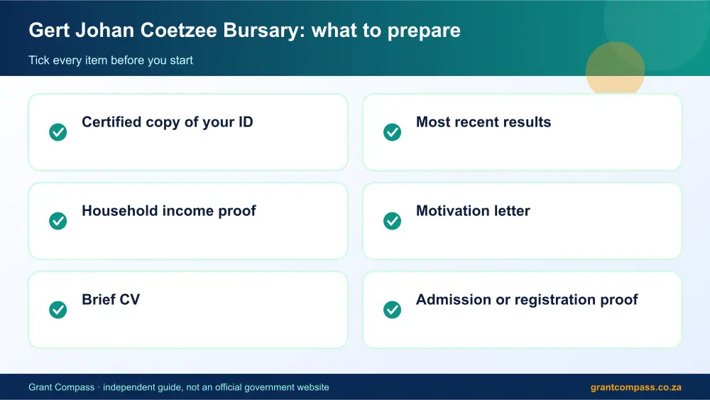 Gert Johan Coetzee Bursary documents checklist infographic – gert johan coetzee bursary South Africa 2026