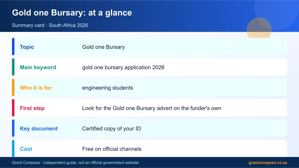 Gold one Bursary at a glance summary infographic – gold one bursary application 2026 South Africa 2026