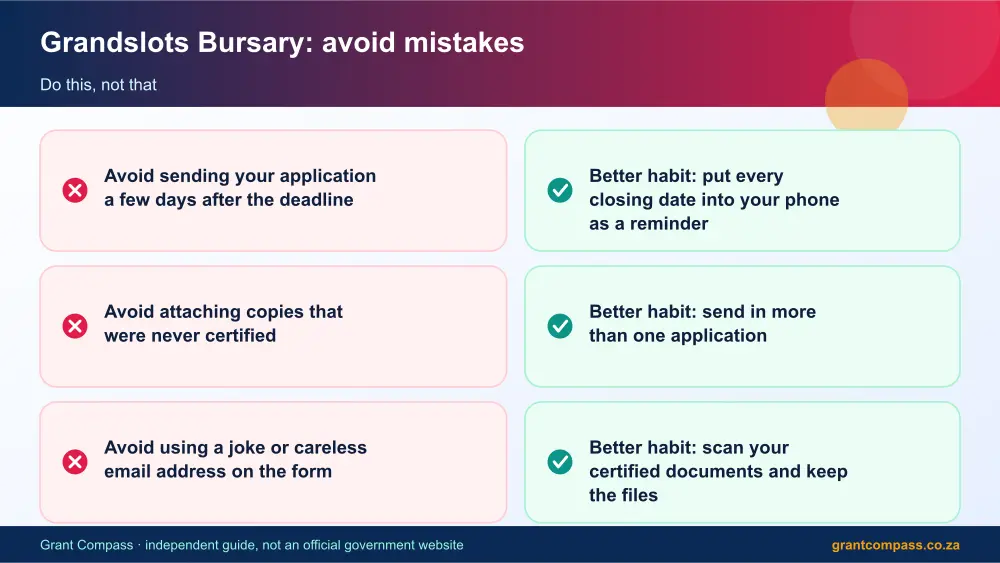 Grandslots Bursary mistakes to avoid and tips infographic – grandslots bursary South Africa 2026