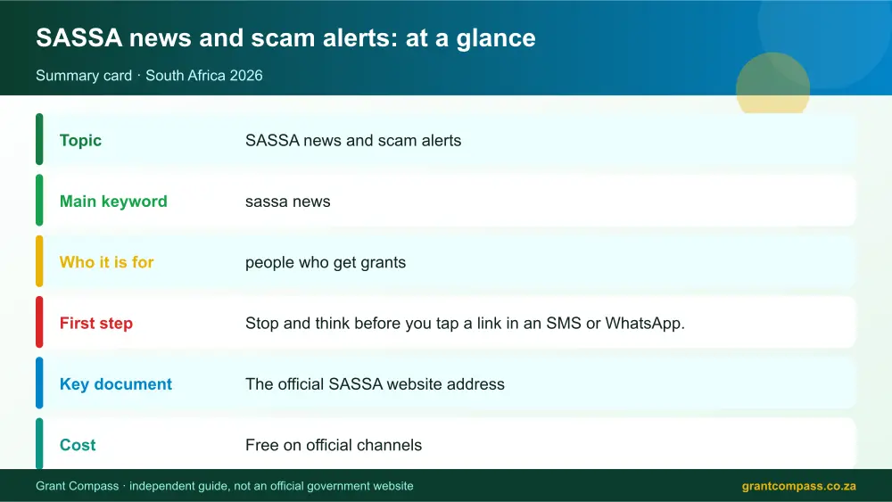 SASSA news and scam alerts at a glance summary infographic – sassa news South Africa 2026