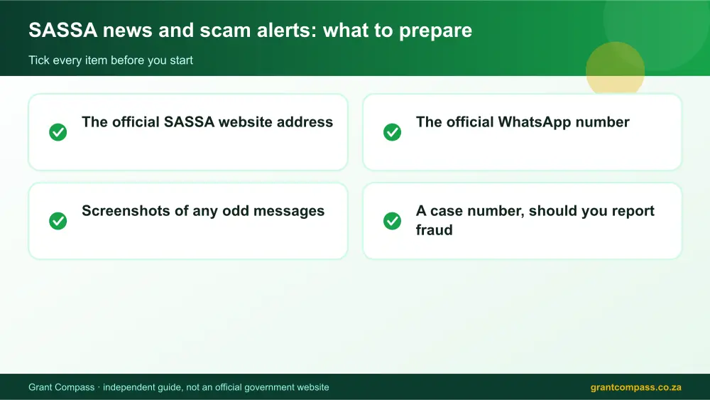 SASSA news and scam alerts documents checklist infographic – sassa news South Africa 2026