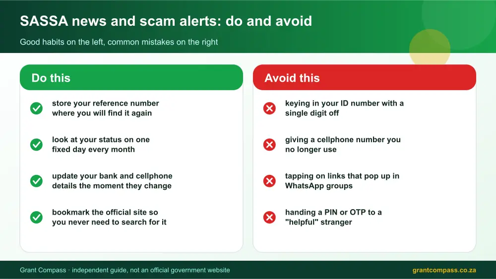 SASSA news and scam alerts dos and donts infographic – sassa news South Africa 2026