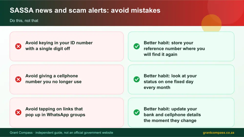 SASSA news and scam alerts mistakes to avoid and tips infographic – sassa news South Africa 2026