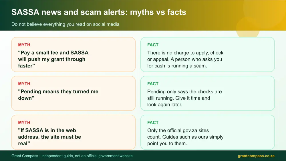 SASSA news and scam alerts myths vs facts infographic – sassa news South Africa 2026