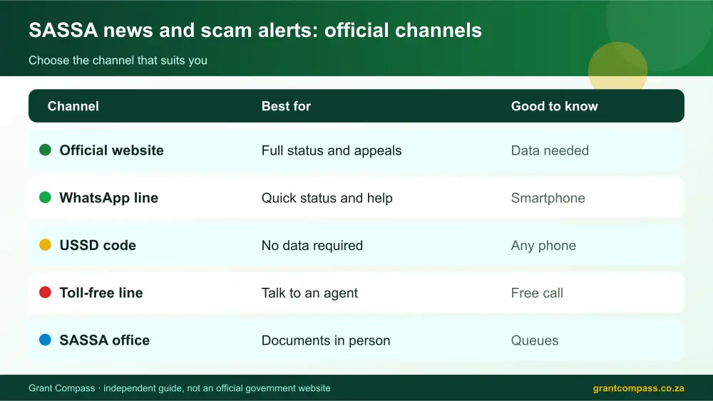 SASSA news and scam alerts official channels comparison infographic – sassa news South Africa 2026