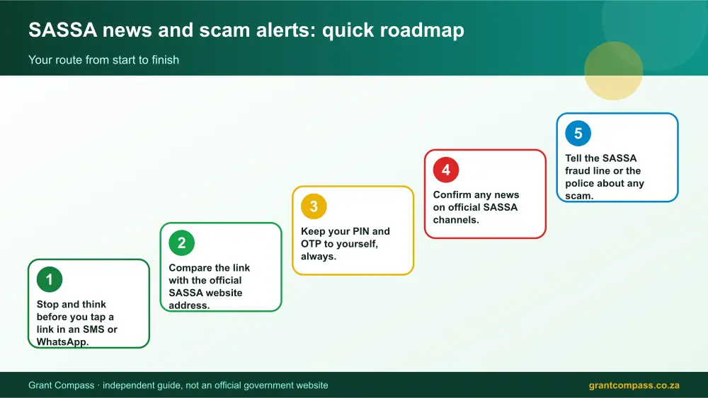 SASSA news and scam alerts quick roadmap infographic – sassa news South Africa 2026