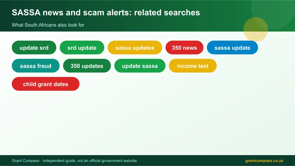SASSA news and scam alerts related topics map infographic – sassa news South Africa 2026