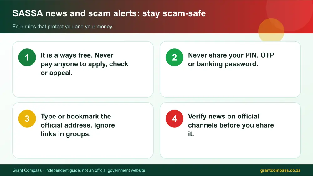 SASSA news and scam alerts stay safe from scams infographic – sassa news South Africa 2026