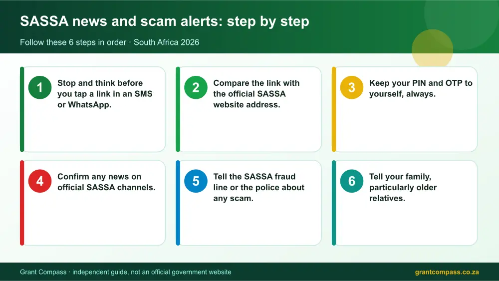 SASSA news and scam alerts step by step guide infographic – sassa news South Africa 2026