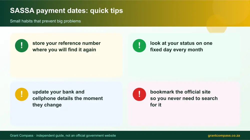 SASSA payment dates quick tips cards infographic – sassa payment dates South Africa 2026